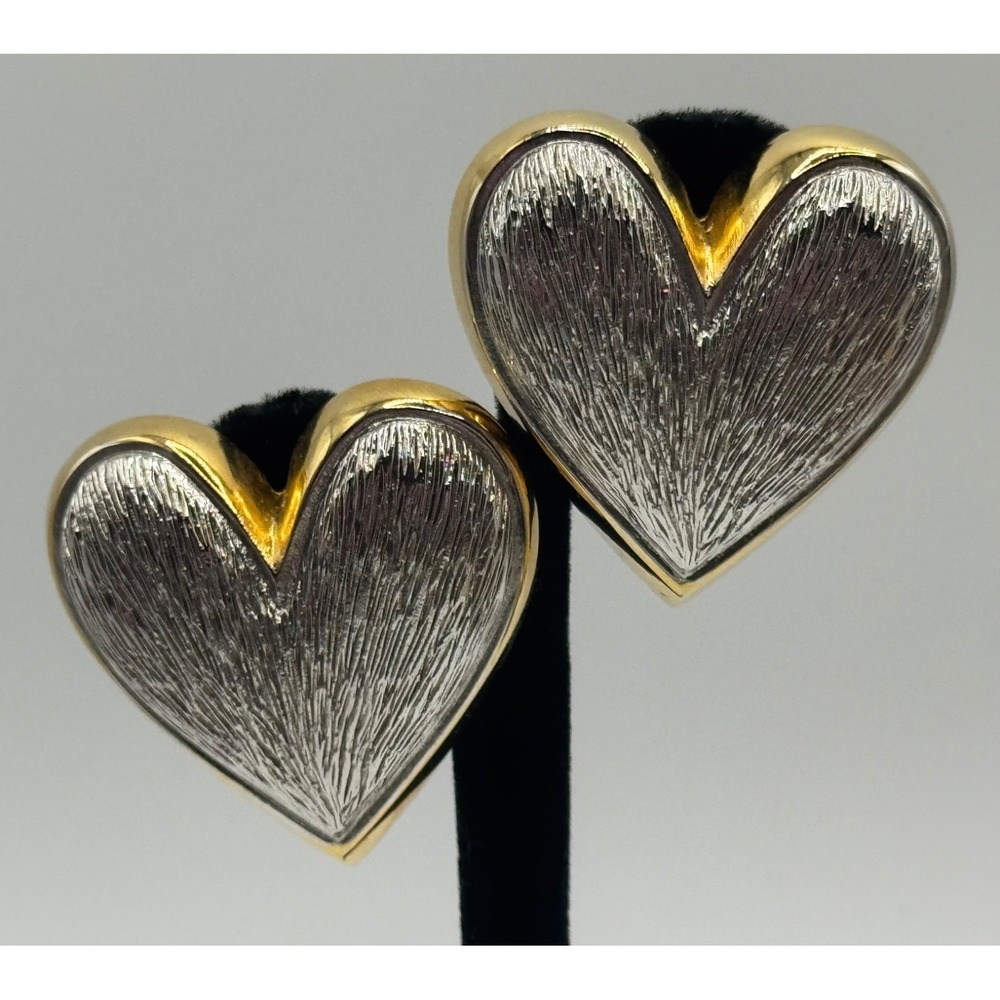 Vintage Les Bernard Heart Shaped Silver Gold Tone Clip On Earrings VC Signed